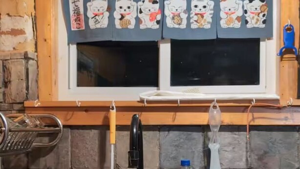 Una cucina con un lavello in acciaio inossidabile, una finestra con tenda e diversi utensili da cucina e bottiglie.