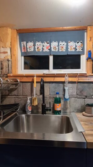 Fridge, microwave, coffee/tea maker, toaster