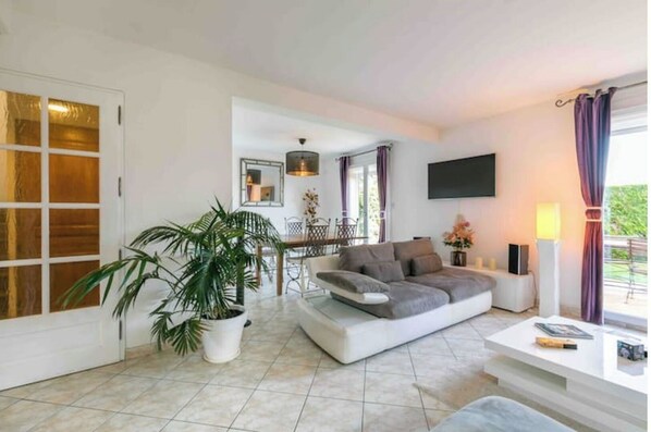 Smart TV, fireplace, DVD player, books