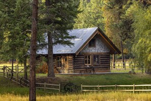 A log cabin with a metal roof, surrounded by trees and a wooden fence.