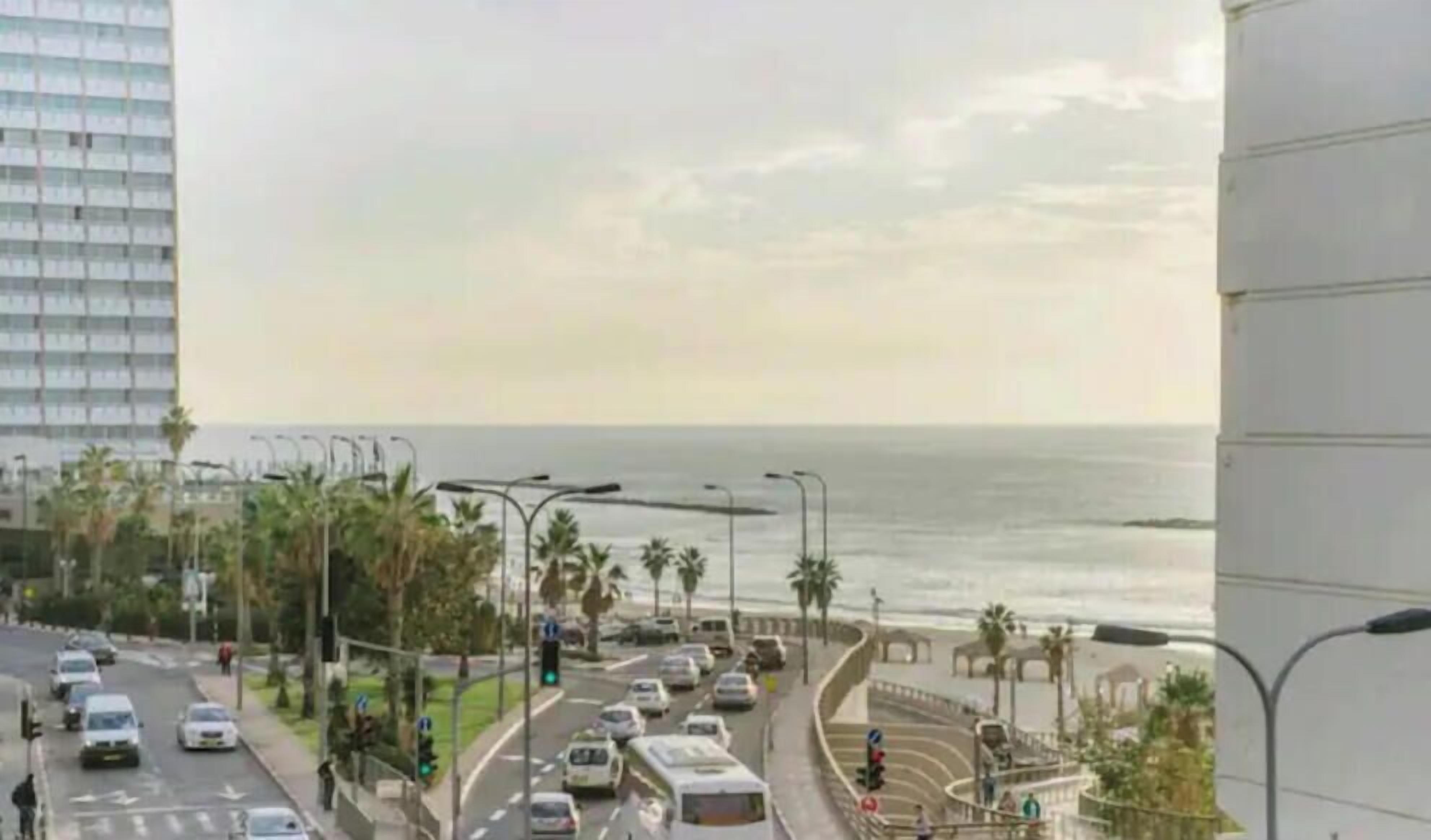A busy urban street with a view of the sea, palm trees, and a pedestrian walkway.