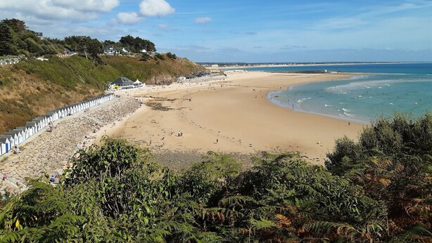 Una playa costera con una cerca blanca, costa rocosa y vegetación densa.