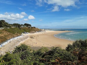 A coastal beach with a white fence, rocky shoreline, and dense greenery.