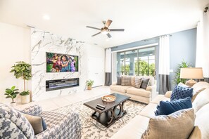 Smart TV, fireplace, video games