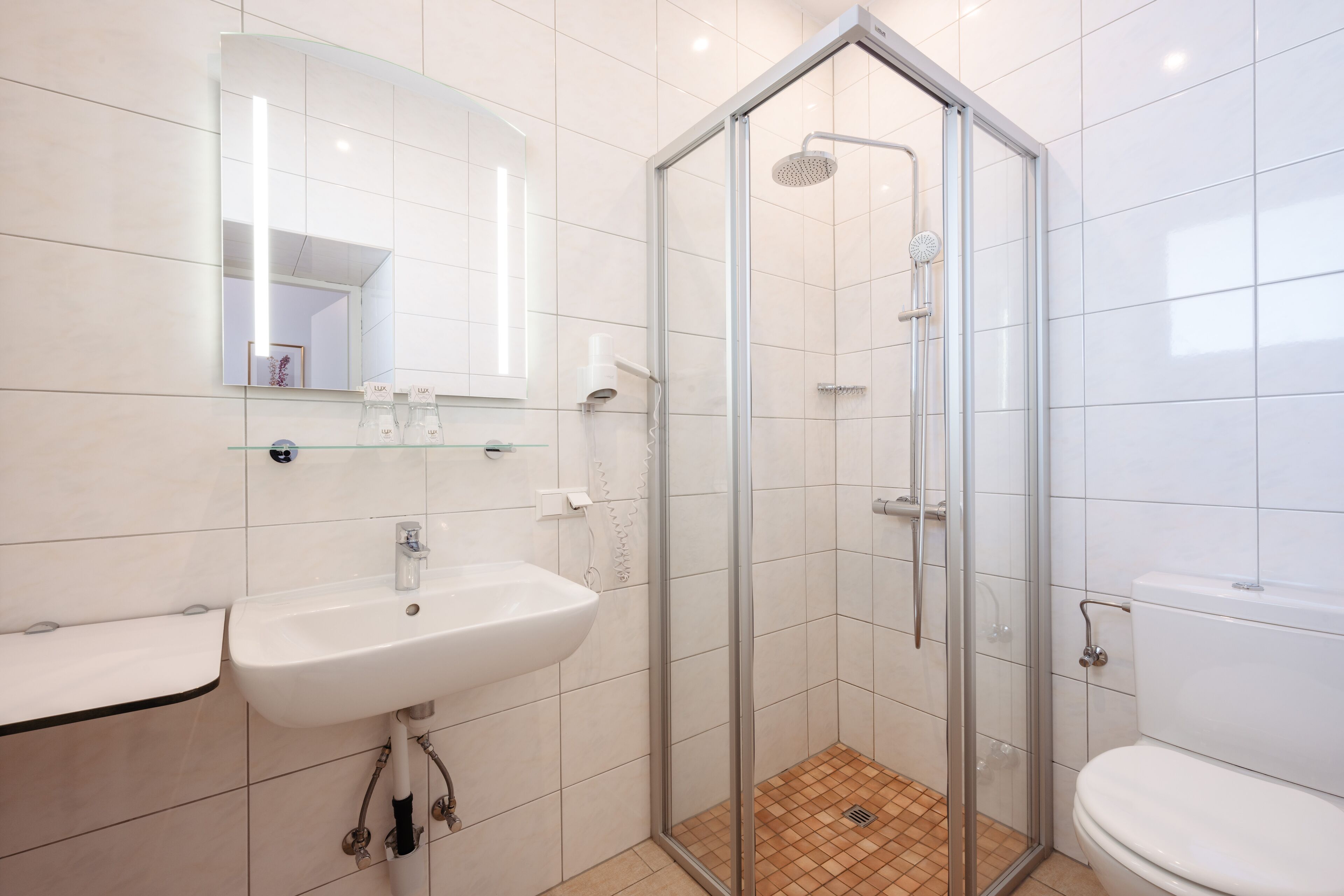 Une salle de bain moderne avec une douche à parois de verre, un lavabo blanc et des toilettes.