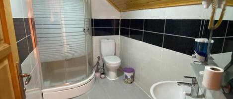 A bathroom with a shower, toilet, sink, and tiled walls.