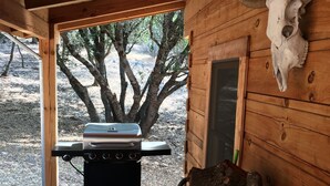 Une cabane en bois avec un barbecue et du bois de chauffage.