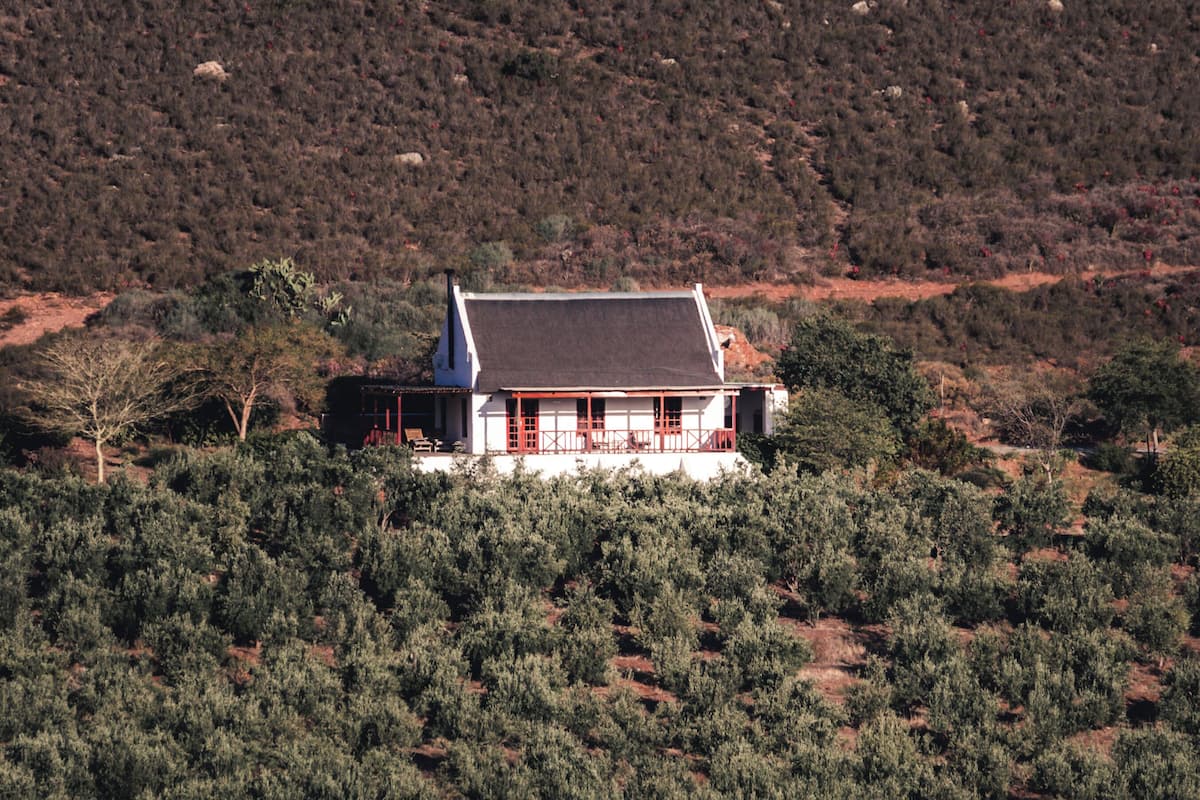 A house surrounded by dense vegetation and a hilly landscape.
