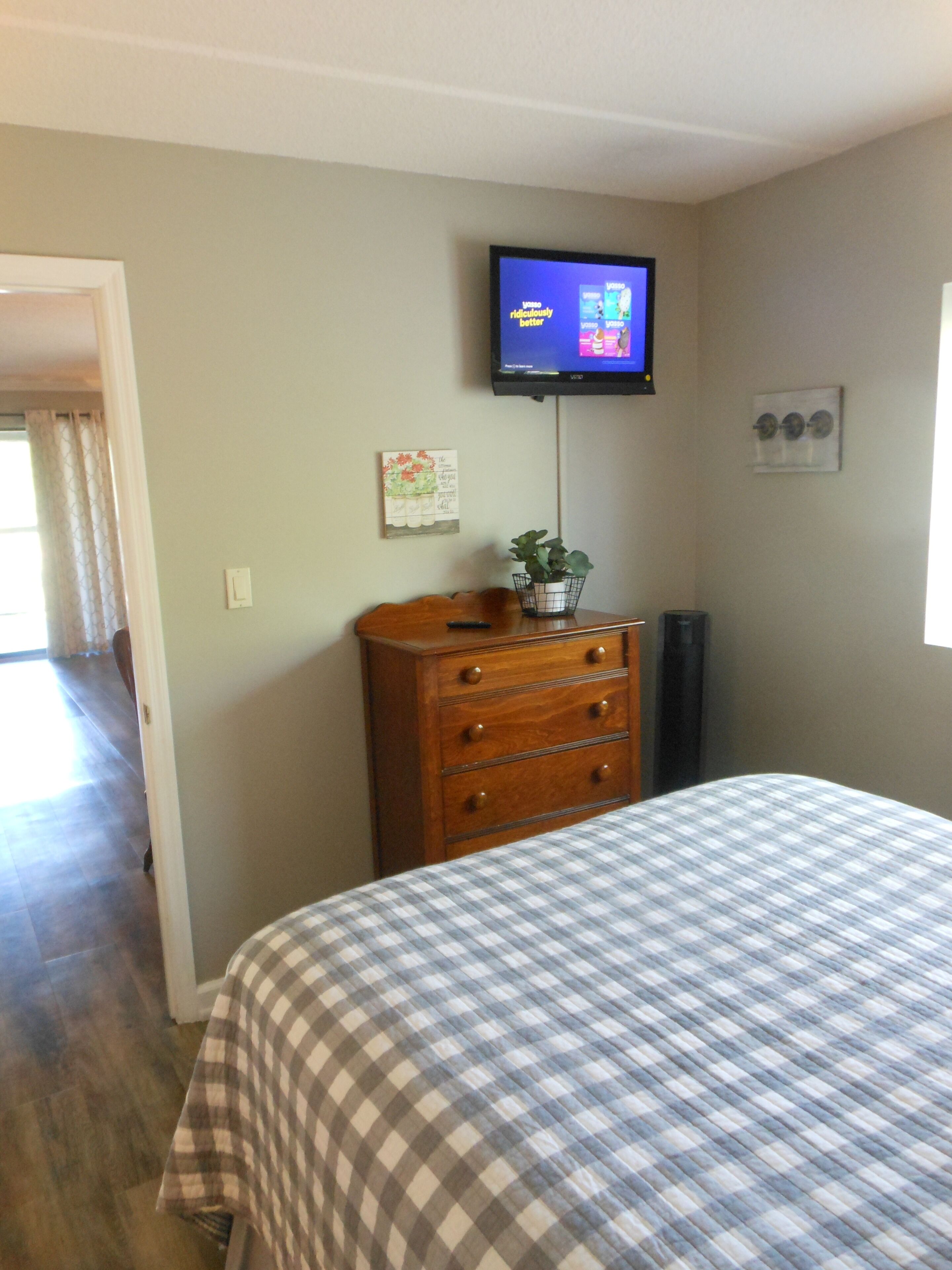 A bedroom with a bed, dresser, television, and a small plant.