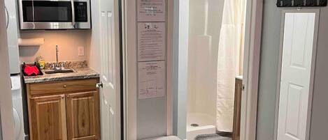 Fridge, microwave, coffee/tea maker, toaster