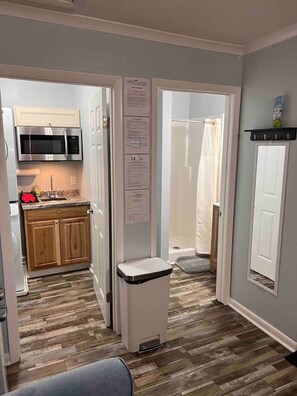 Fridge, microwave, coffee/tea maker, toaster