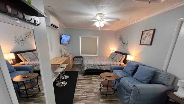 A compact living space with a bed, two sofas, a small table, and a TV.