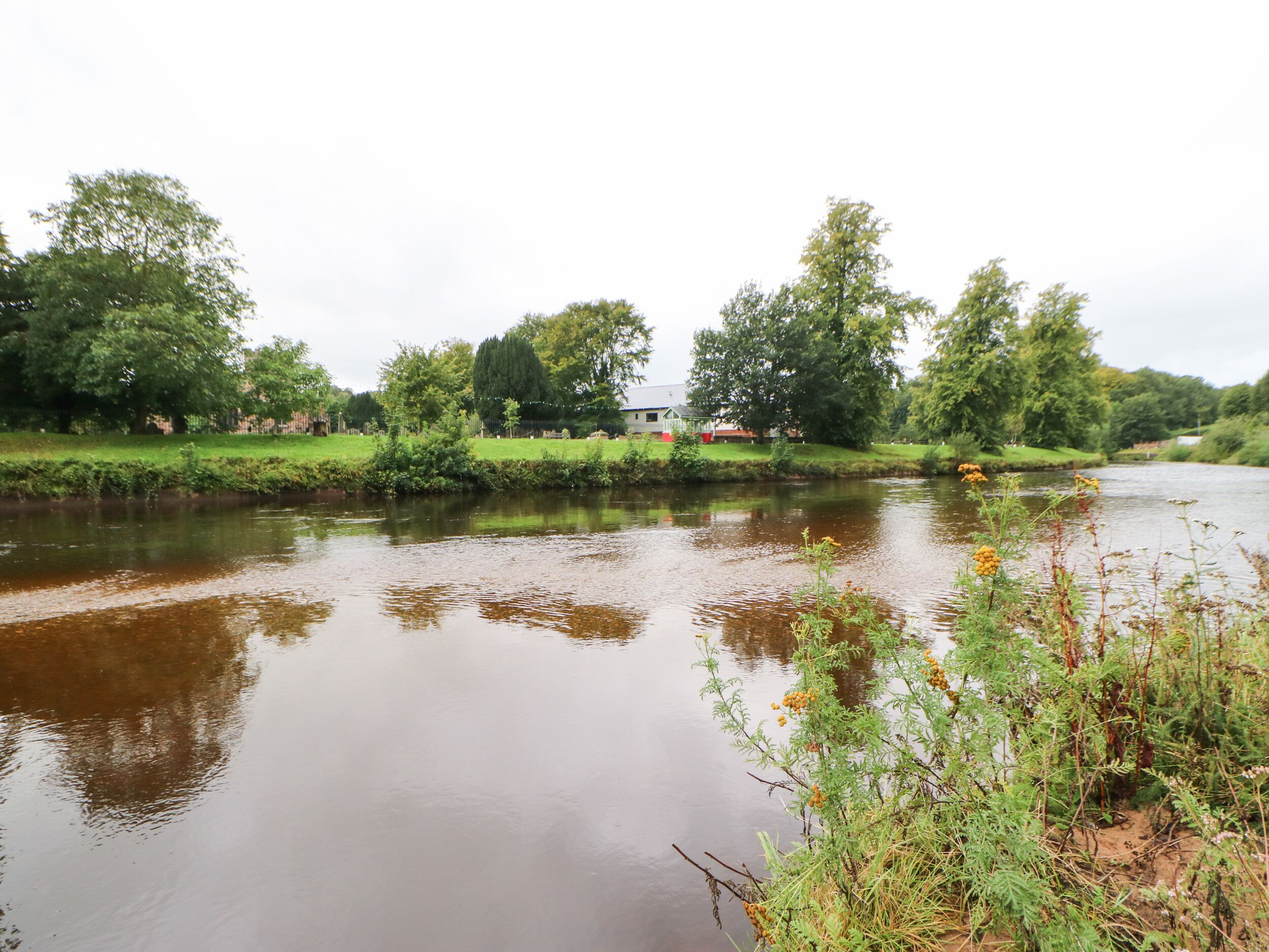 A river with a house in the background.