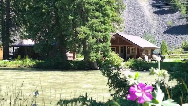 A rustic cabin with a sloped roof, surrounded by dense greenery and a small pond.