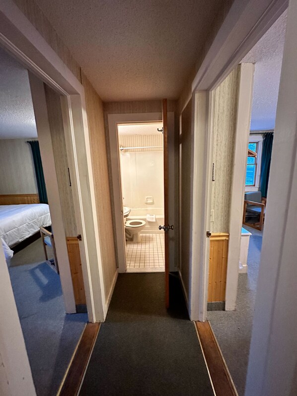 A narrow hallway leading to a bathroom with a toilet and sink.