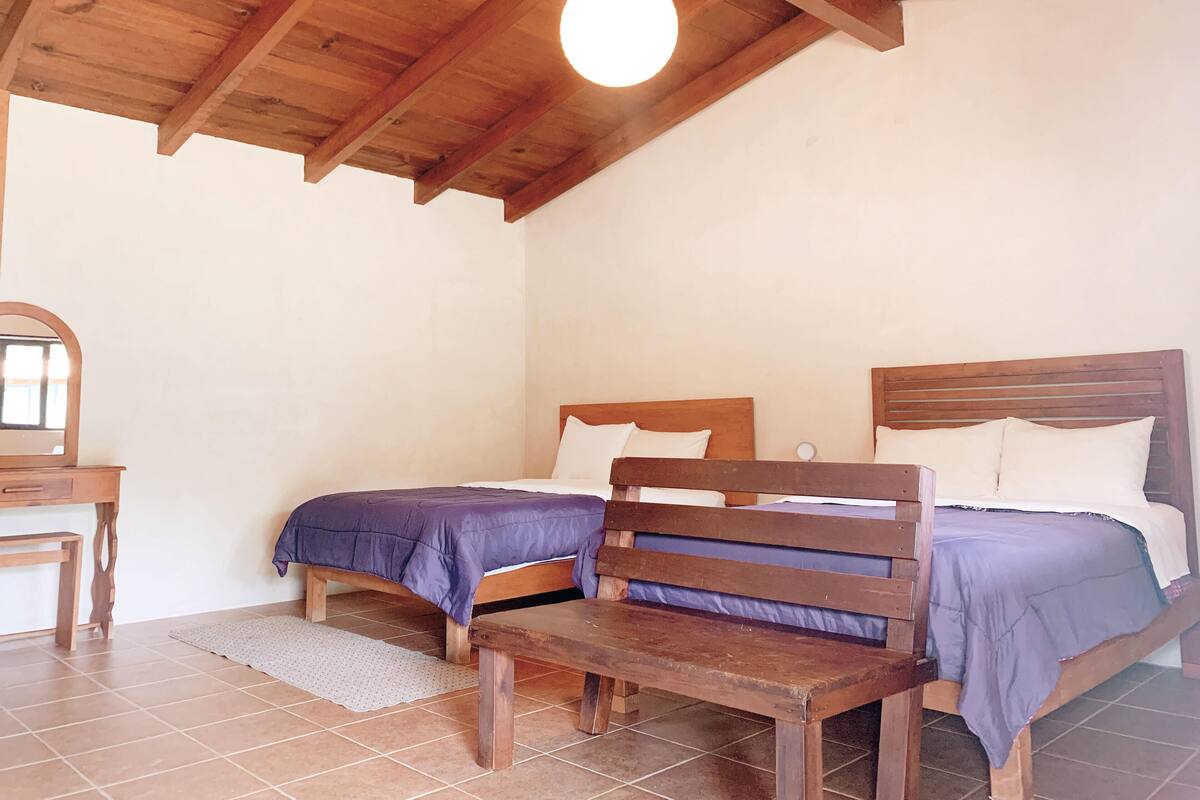 Una habitación con dos camas de madera, un banco de madera, un espejo y una lámpara colgante.