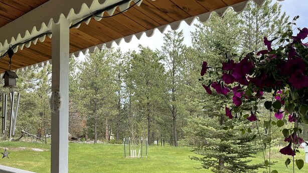 A covered porch with a wooden ceiling and white railing, overlooking a grassy yard with trees and a swing set. - Grandma's House in the Woods, 3/4 mile to Custer (Custer)