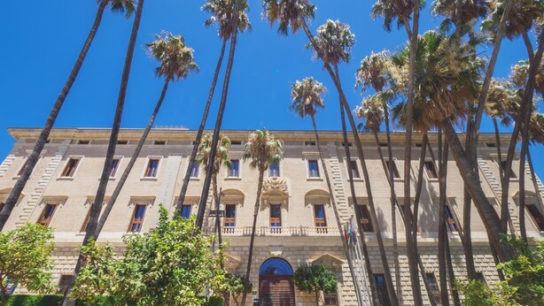 A grand building with a symmetrical facade, tall palm trees, and a central entrance with steps leading up to it. - Cubo's Gibralfaro House Center / private pool / air conditioning (Málaga)
