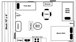 A Gold Camp Cabin layout with a 19' x 18' deck, a dresser, a wood stove, a table, a queen bed, a twin bed, a dresser, a wood stove, a fridge, a sink, and an elect stove oven. - Gold Camp - A Classy-Rustic Gem (Clark)