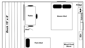 A 15' x 14' Bakers Cabin layout including a queen bed, twin bed, table, door, fridge, cabinets, sink, and wood cook stove. - Bakers Cabin - A Cozy Rustic One-Room Cabin (Clark)