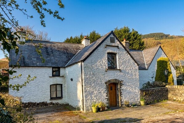 A stone house with a wooden door, a window, and a chimney.