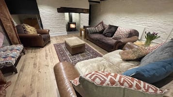 Smart TV, fireplace, DVD player, books