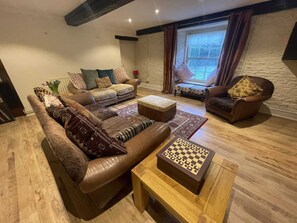 Smart TV, chimenea, reproductor de DVD, libros