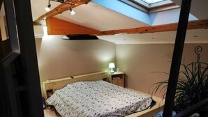 A bedroom with a loft bed, a skylight, a bedside table with a lamp, and a potted plant.