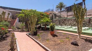 A courtyard with a paved walkway, cacti, palm trees, and a seating area with tables and chairs.