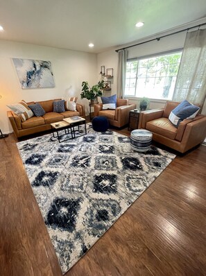 Smart TV, caminetto, lettore DVD, libri