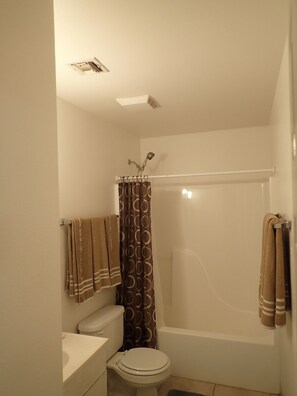 Tina con regadera, tina de hidromasaje, secadora de cabello, toallas 