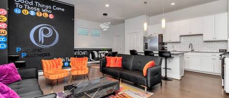 TV, fireplace, offices