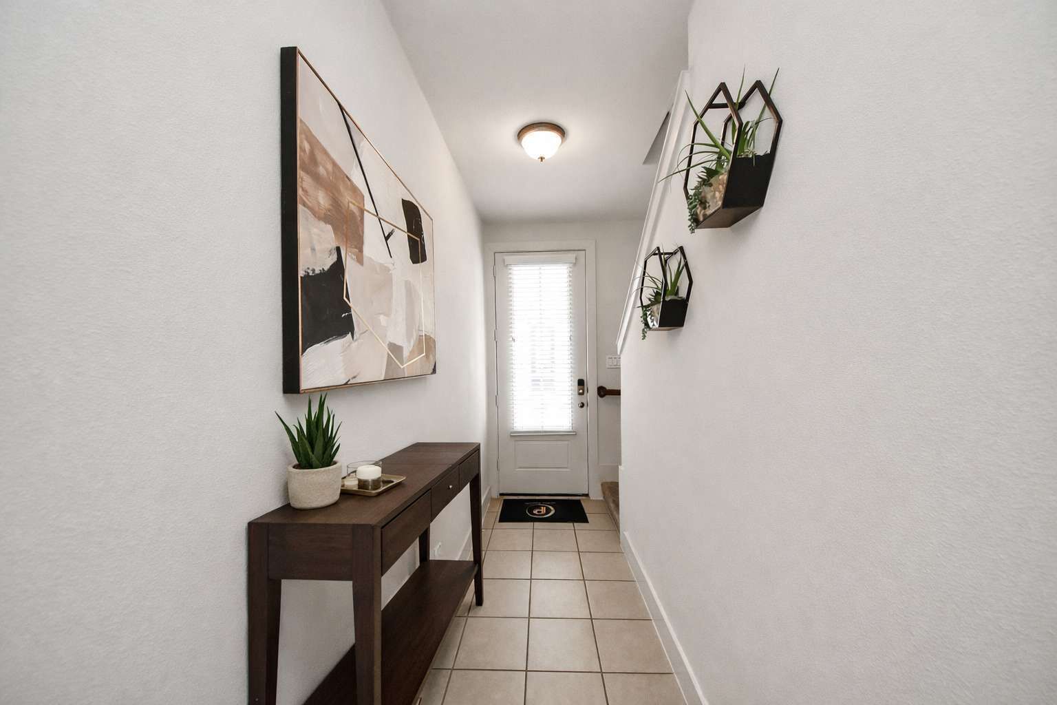 A narrow hallway with a wooden console table, a potted plant, and a framed abstract painting on the left wall. There are two wall-mounted planters on the right, and a door at the end with a doormat.