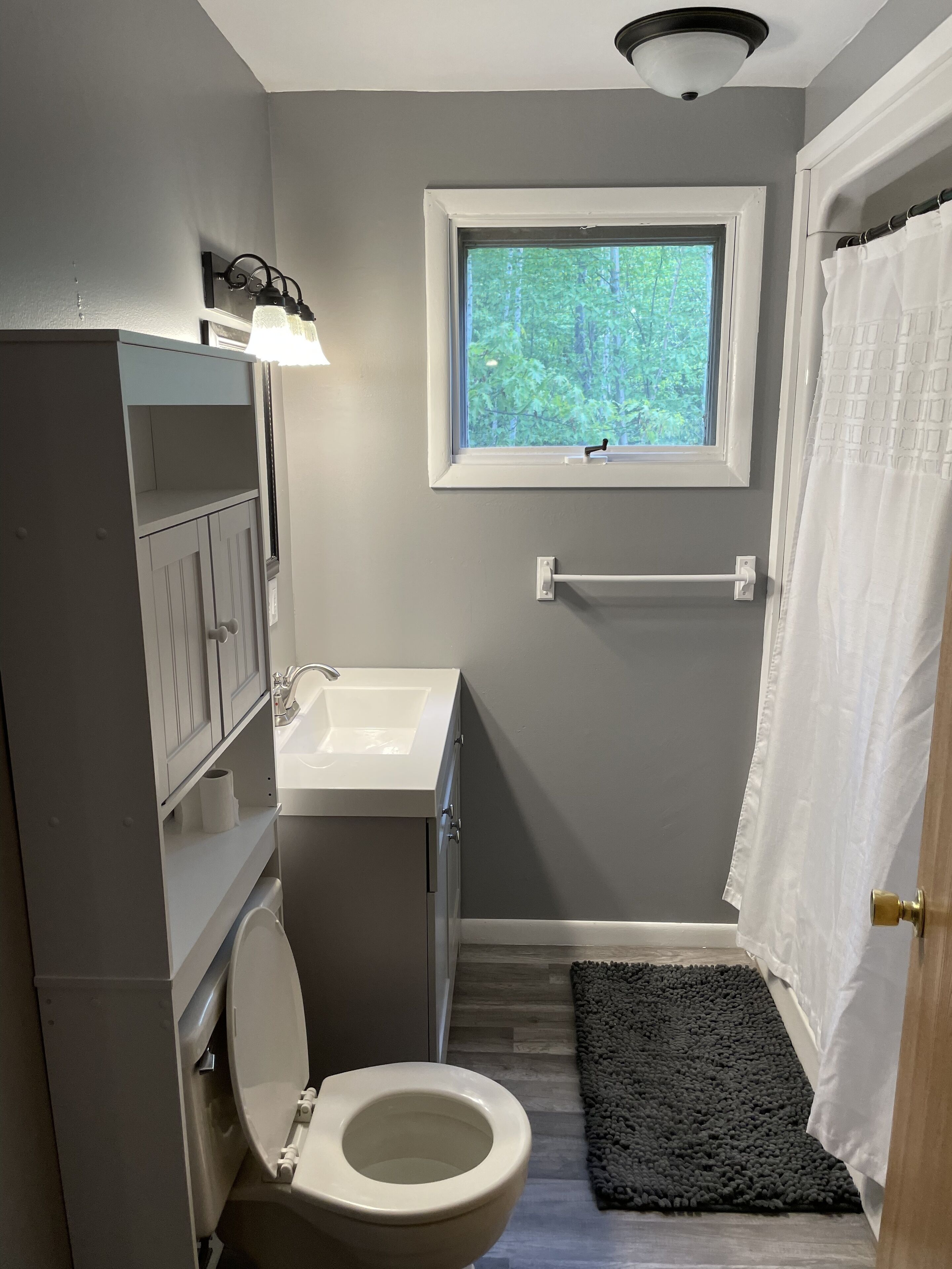 A bathroom with a toilet, sink, and window.
