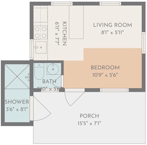 A floor plan with a living room, kitchen, bedroom, bathroom, shower, and porch. - 🐳 The Whale Song - Dog-Friendly Studio (Eastham)