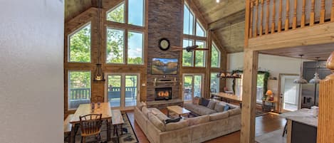 Cabin, Multiple Beds, Hot Tub | Living area | 65-inch flat-screen TV with digital channels, TV, fireplace