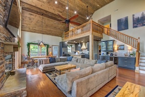 Cabin, Multiple Beds, Hot Tub | Living area | 65-inch flat-screen TV with digital channels, TV, fireplace