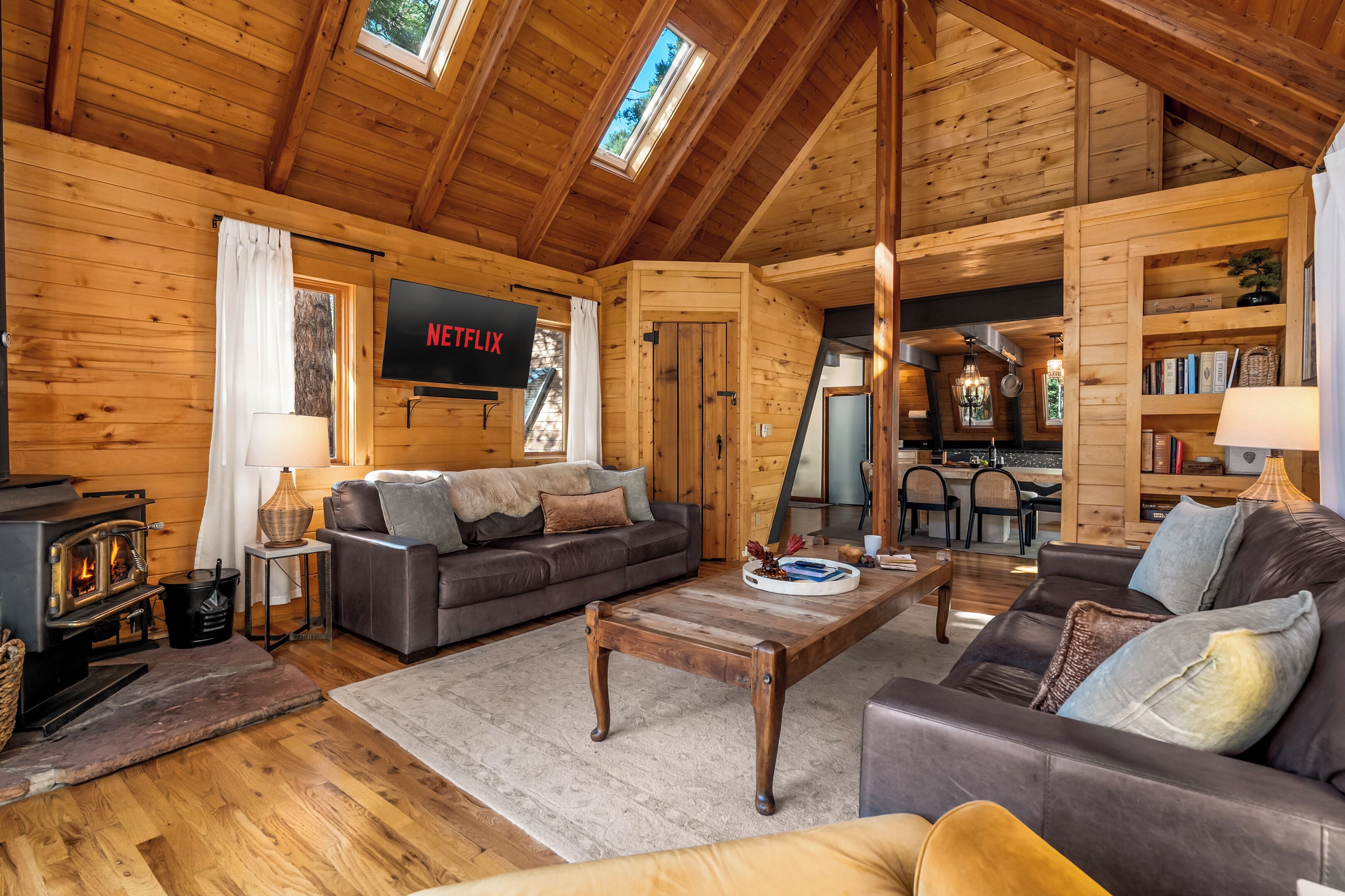 Smart TV, fireplace, books