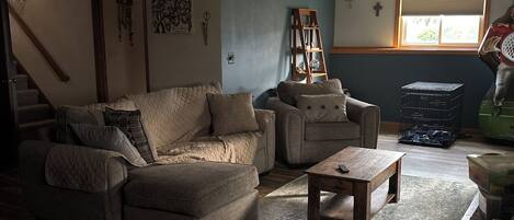 Smart TV, fireplace, books