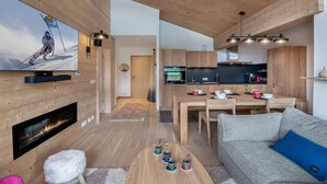 A modern living room with a fireplace, a television, and a sofa. - PERLE DE SAVOIE A402 (CHATEL)