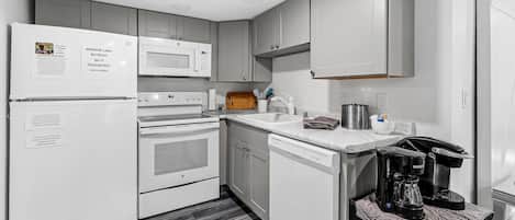 Fridge, microwave, oven, stovetop