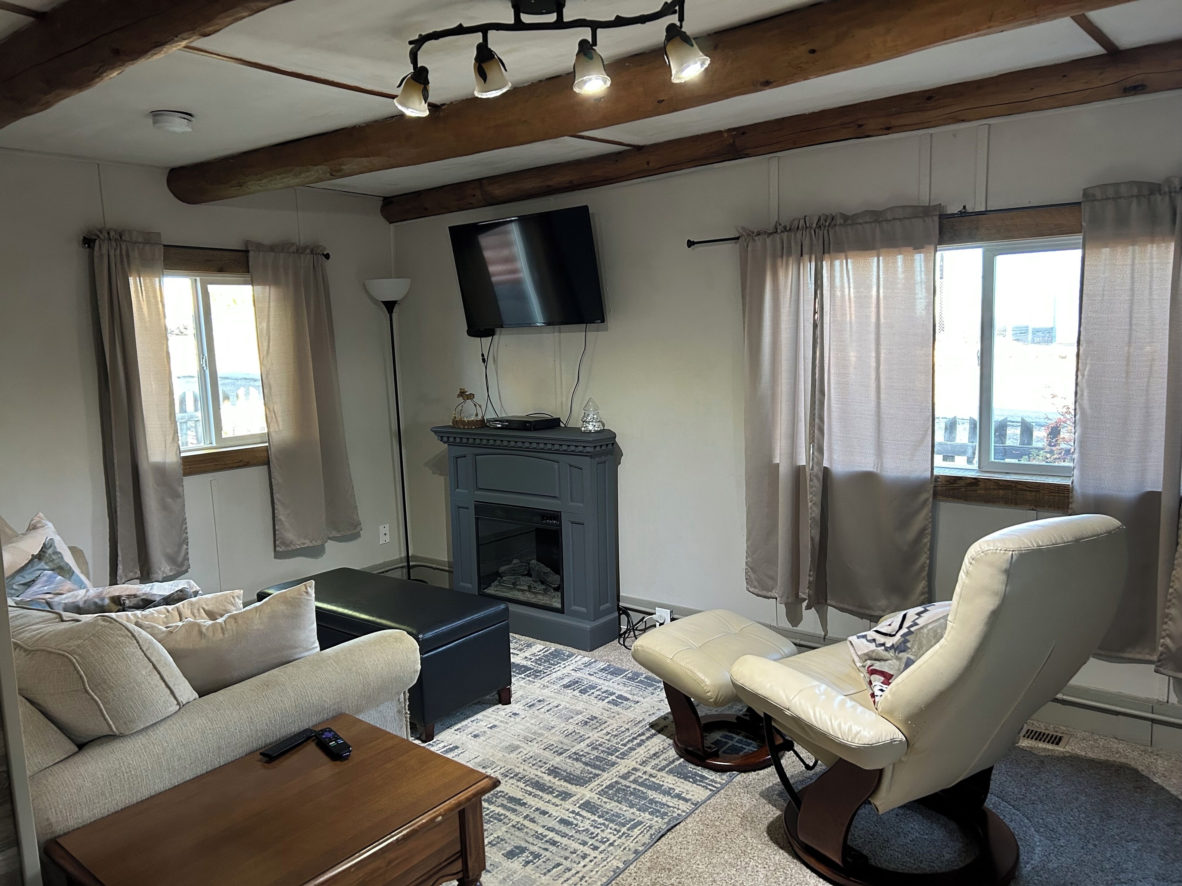 Smart-tv, een open haard, een dvd-speler en boeken