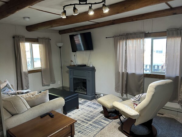 Smart TV, fireplace, DVD player, books