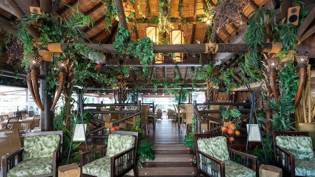 Un restaurante con una escalera de madera, sillas tapizadas en verde y plantas colgantes.