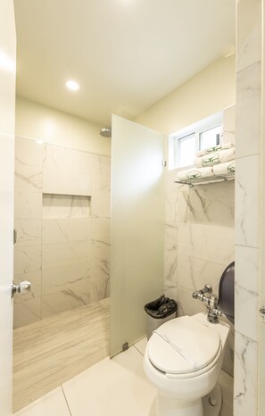 Chambre Deluxe double | Salle de bain | Douche, séchoir à cheveux, serviettes fournies, savon
