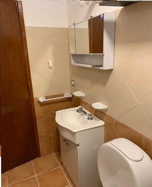 Tina con regadera, secadora de cabello, bidet, toallas