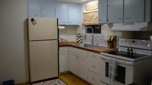 A compact kitchen with light blue cabinets, a white refrigerator, a sink, and a stove. -  Canal  access to the St. Johns River. Private boat dock. Parking for  trailer (Welaka)