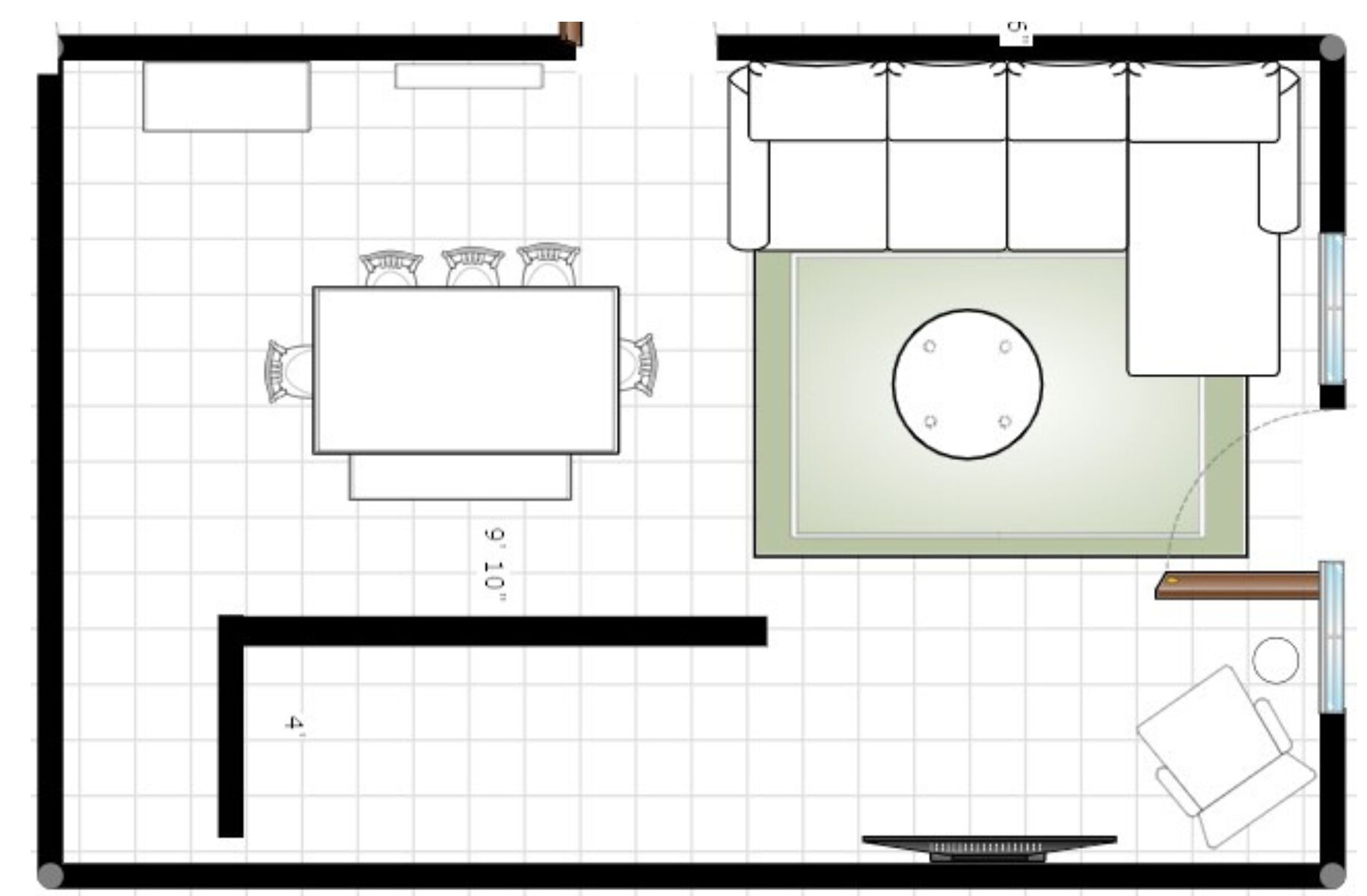 Une cuisine dotée d’un îlot central, d’une table à manger avec des chaises et d’un espace salon circulaire.