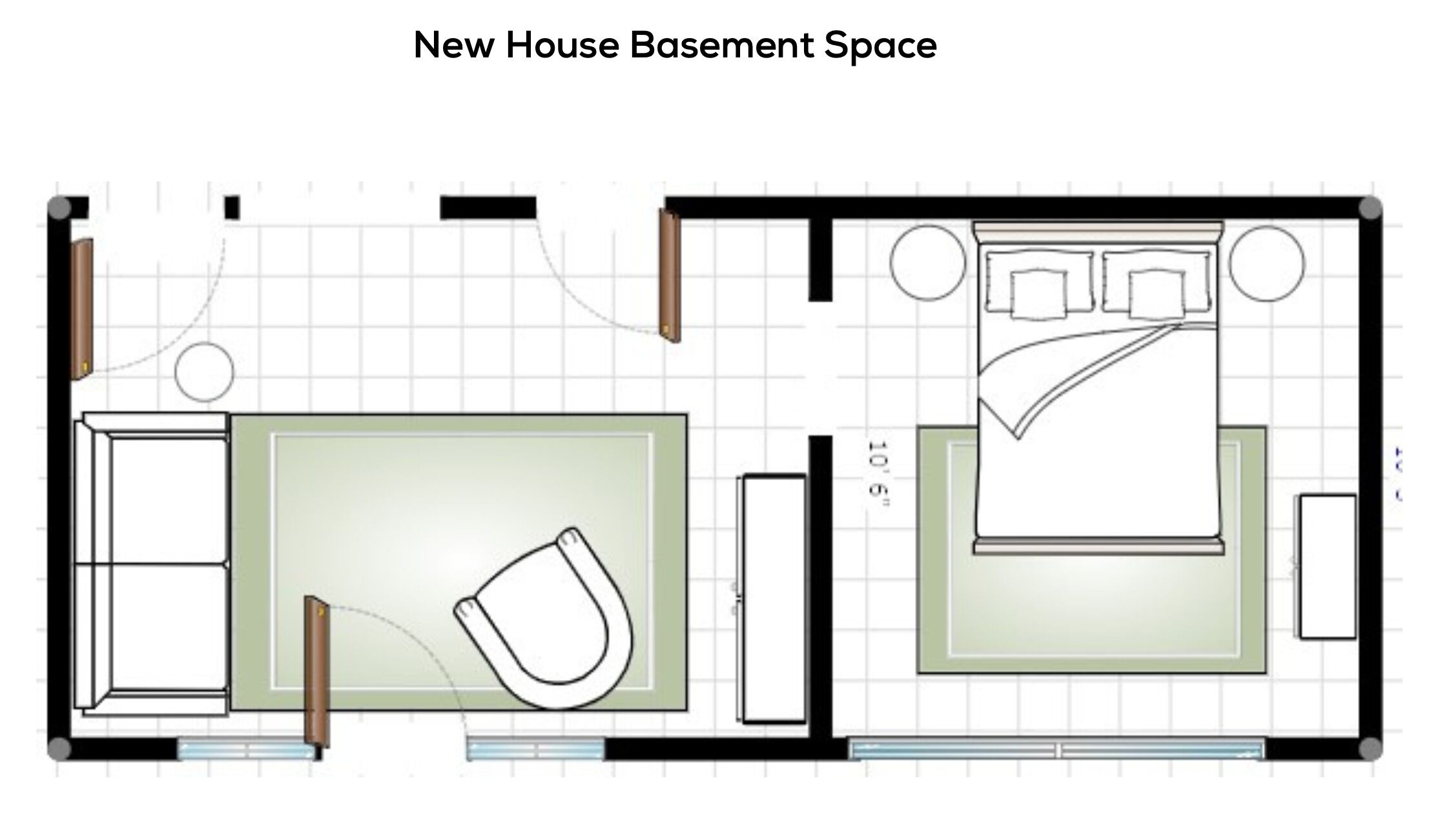A floor plan of a new house basement space with a large open area, a small seating area, and a bedroom with a bed and two bedside tables.