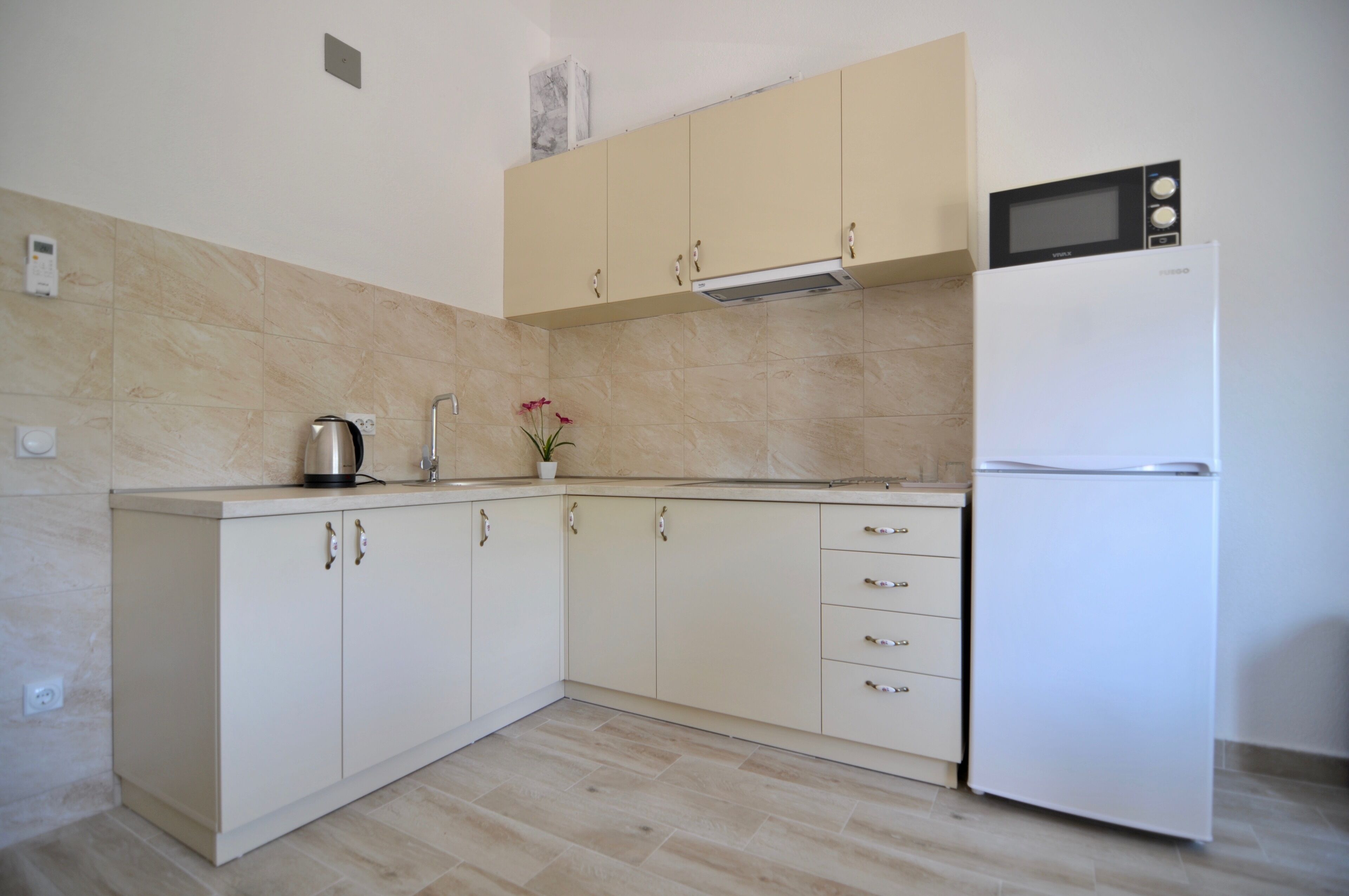 Fridge, microwave, stovetop, electric kettle